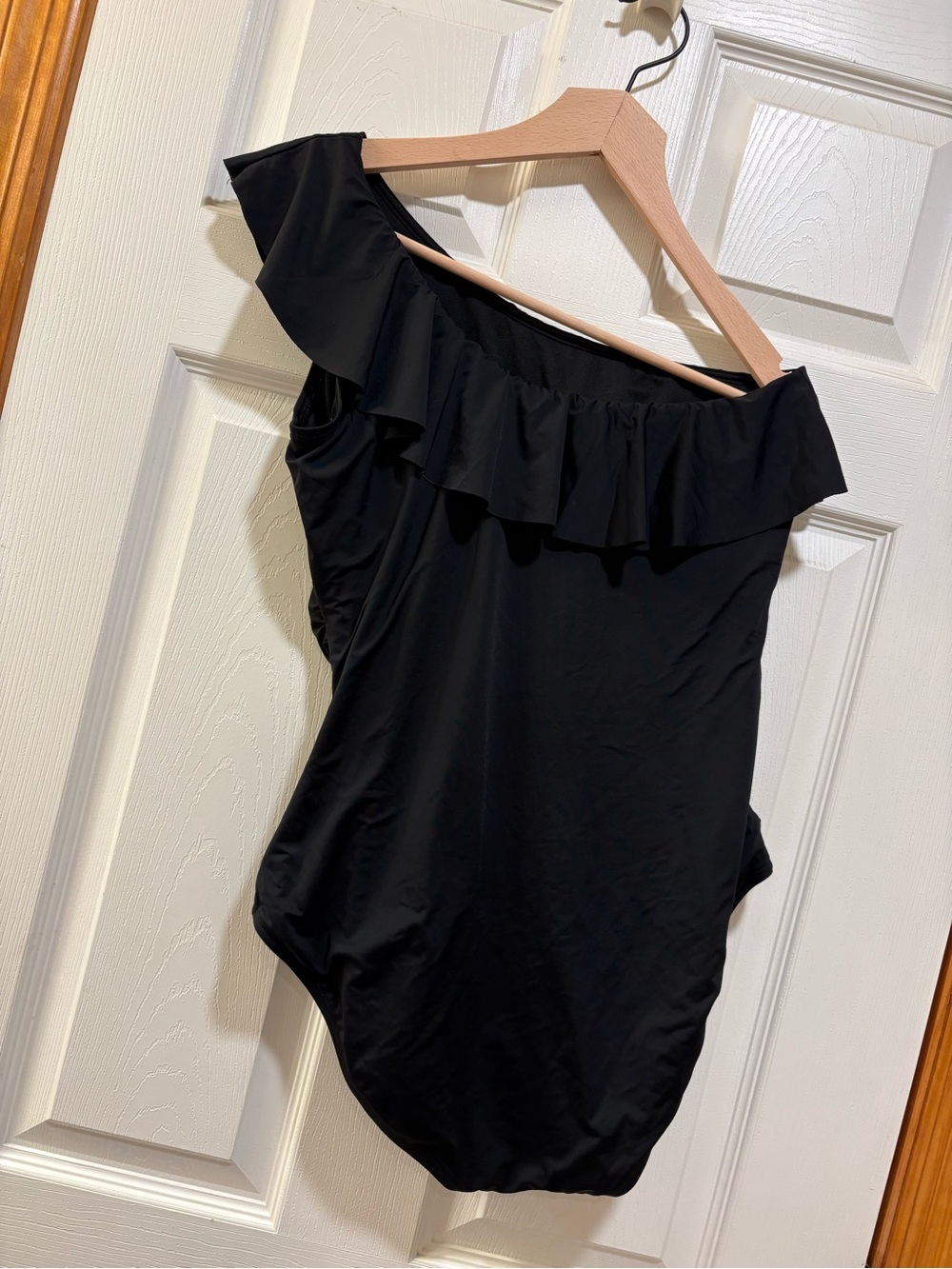 Hilor Black One Shoulder Ruffle One Piece Swimsuit Size 12 Ruched Tummy Control